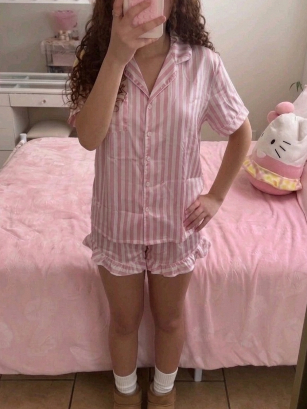 Pink Striped Satin PJ Set Coquette Soft Girl Aesthetic Pajamas Ruffle Shorts